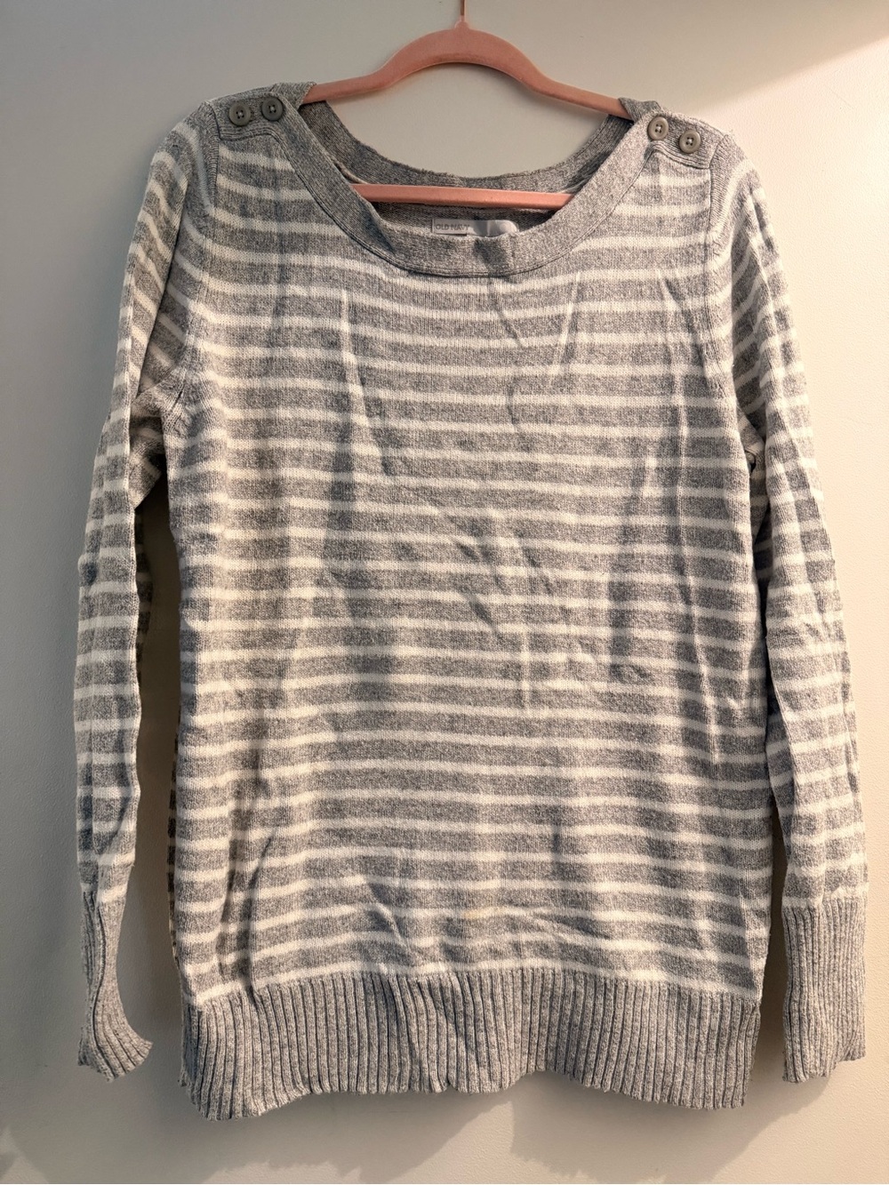 Gray & White Striped Women’s Knit Sweater w Buttons at Shoulders